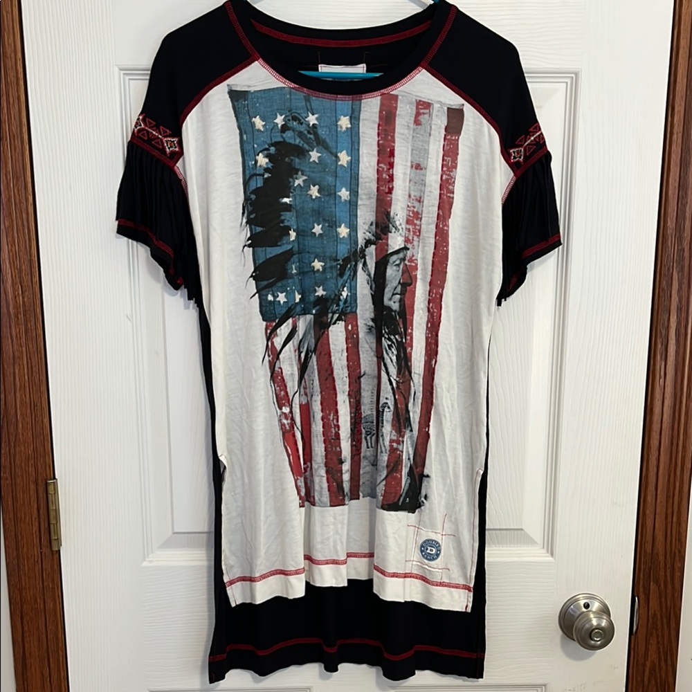 Double D Ranch American West Black & Ivory Layered & Embroidered Fringed Tee XS